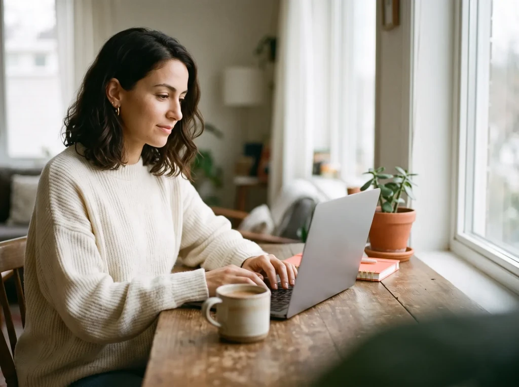 A woman working on her laptop beside a bright window