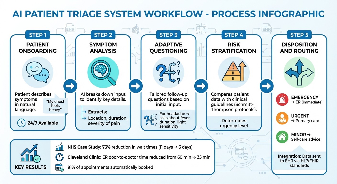 AI Chatbot Patient Triage Workflow: 5-Step Process from Symptom Input to Care Routing