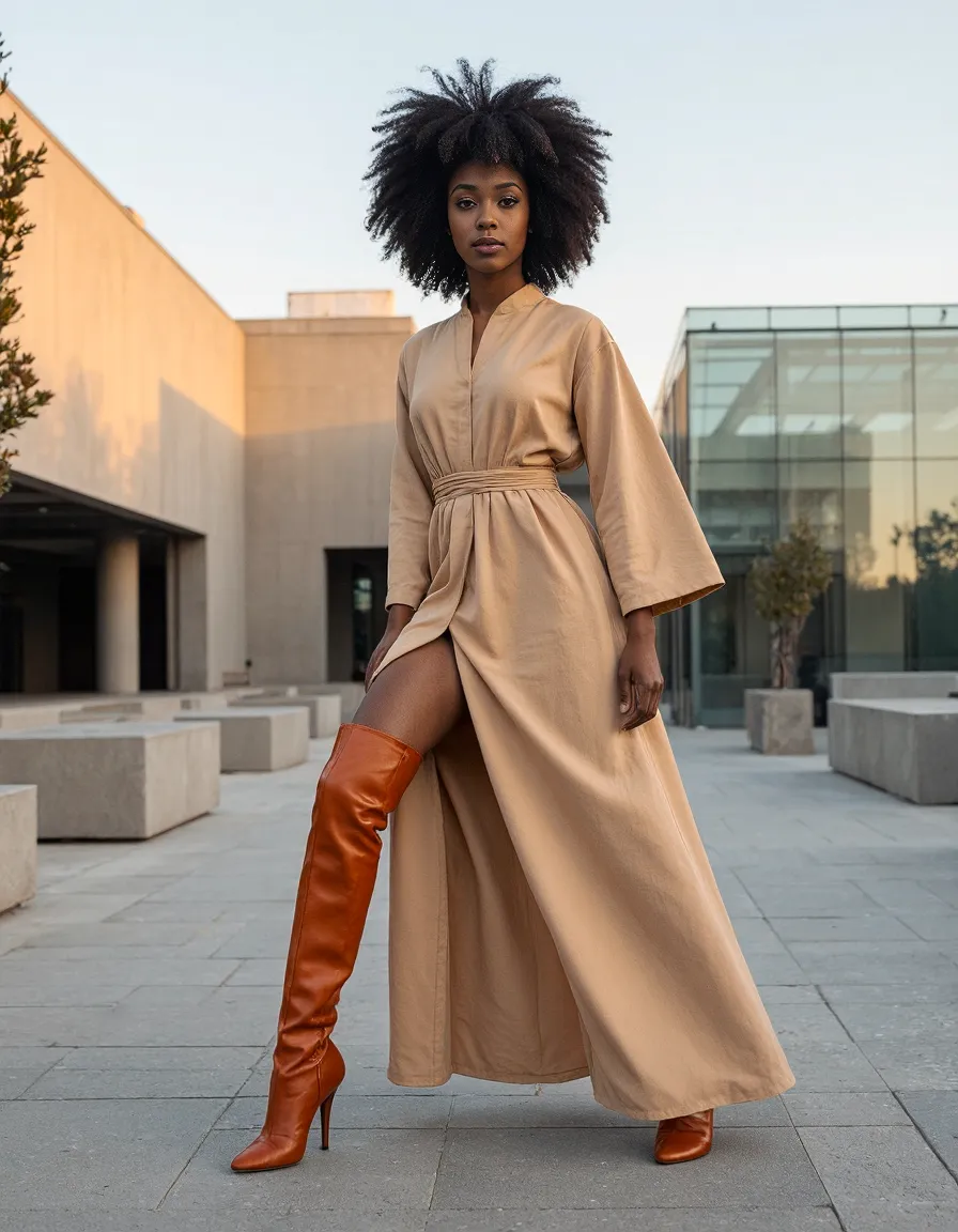 Minimalist fashion editorial featuring a camel wrap dress and cognac leather boots against modern architectural background at sunset