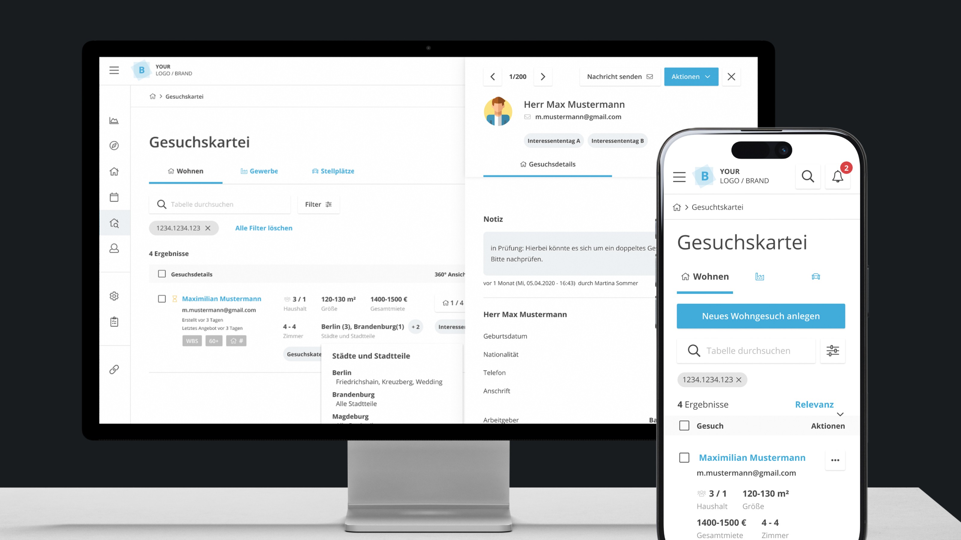 Desktop- und Mobilansicht einer digitalen Suchkartei für Wohnungsgesuche mit Filteroptionen und Bewerberdetails.