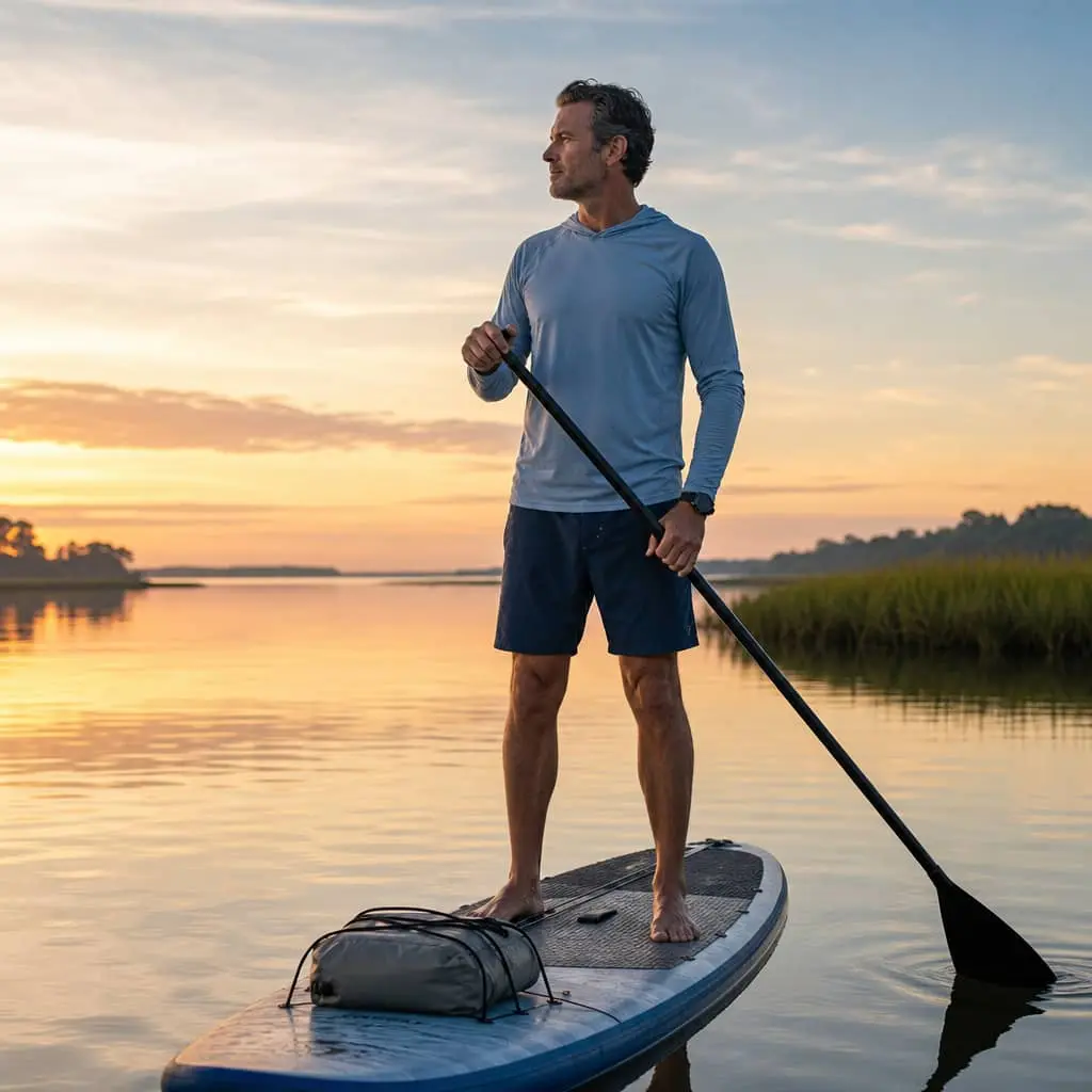 Man paddleboarding on calm Lowcountry water at sunrise near Charleston, SC — Peptide Therapy & Advanced Therapeutics at Hero Health & Hormone