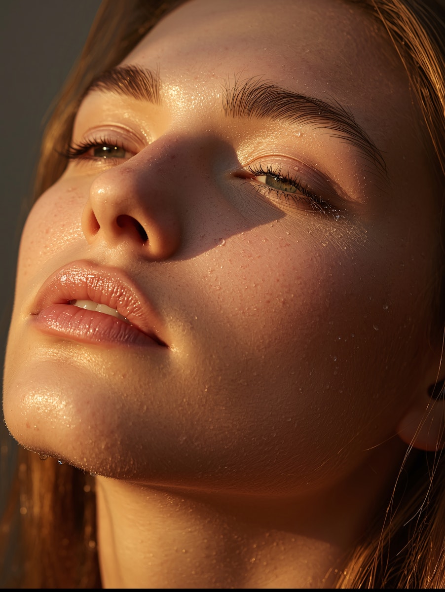 Close-up of a woman's face. She has glowing skin, with sunlight accentuating her features. Soft focus on her eyes.