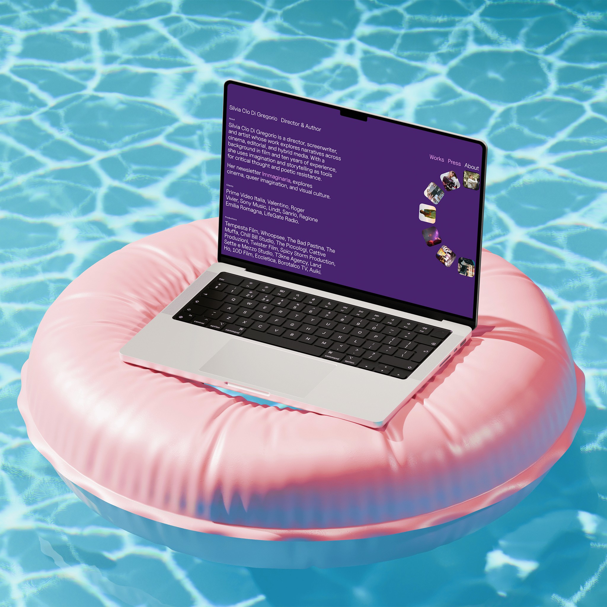 About page mockup on a Macbook floating on top of a rose pool float