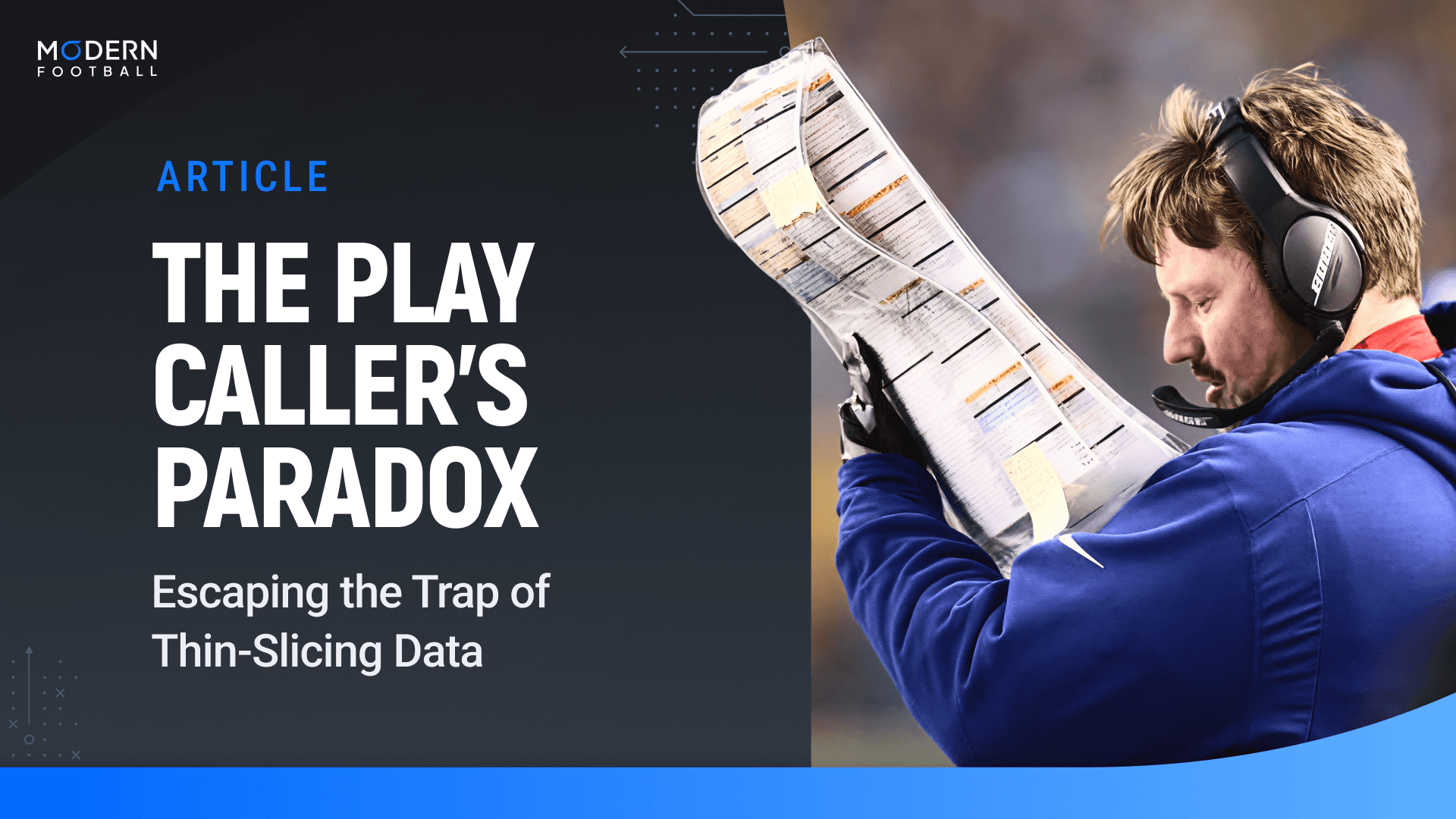 Football coach studying laminated play call sheet on sideline — case study on escaping the trap of thin-sliced data in Modern Football analytics
