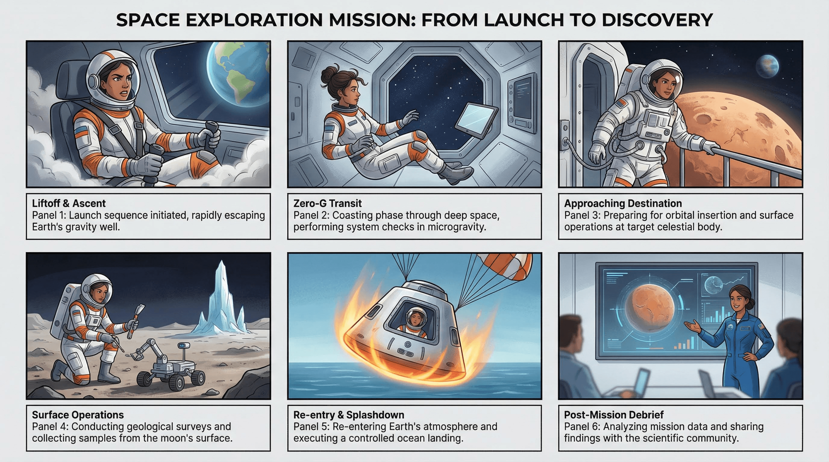 Cinematic storyboard infographic featuring a six-panel comic strip layout with semi-realistic vector characters.