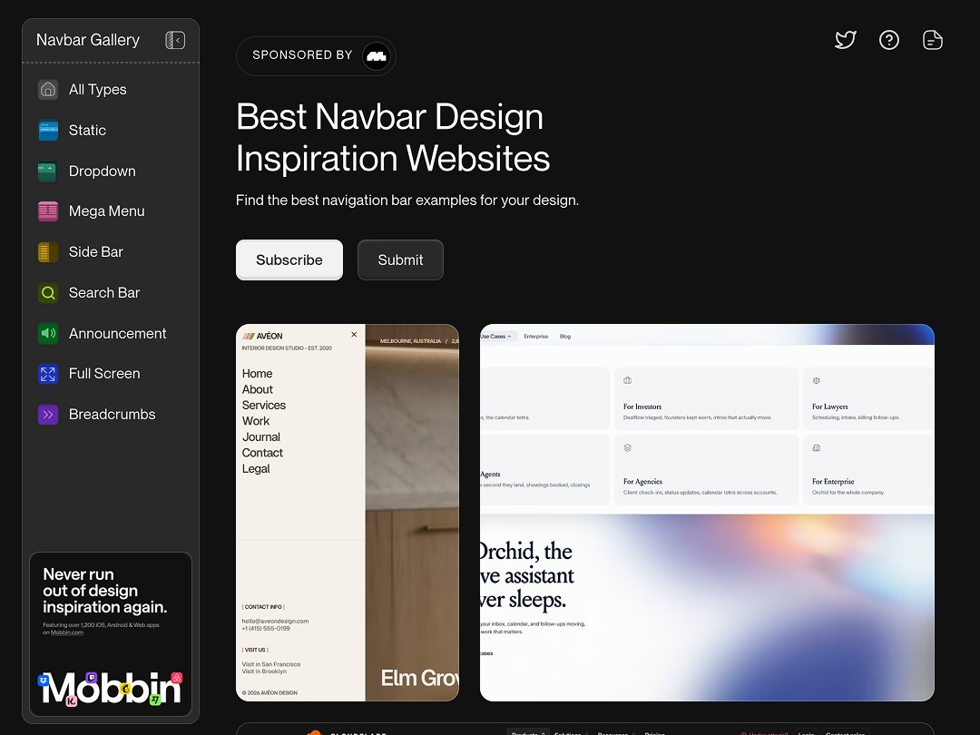 Navbar design inspiration webpage with sidebar menu and example previews.