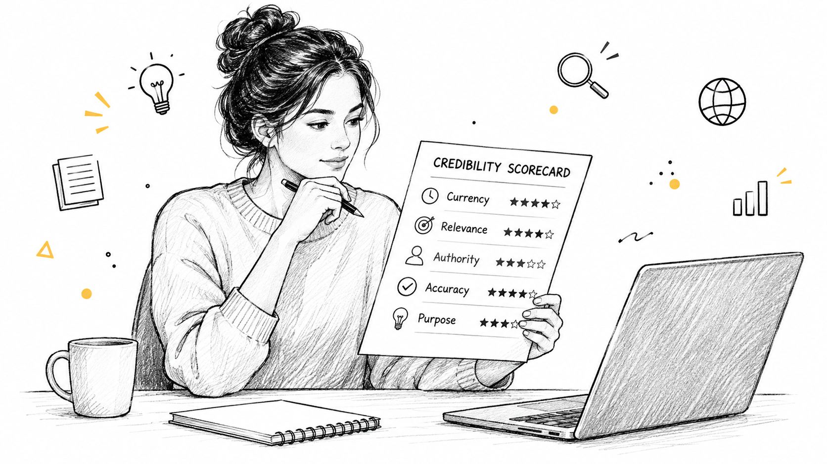 A woman sketching a credibility scorecard while working at her desk with a laptop and notebook.