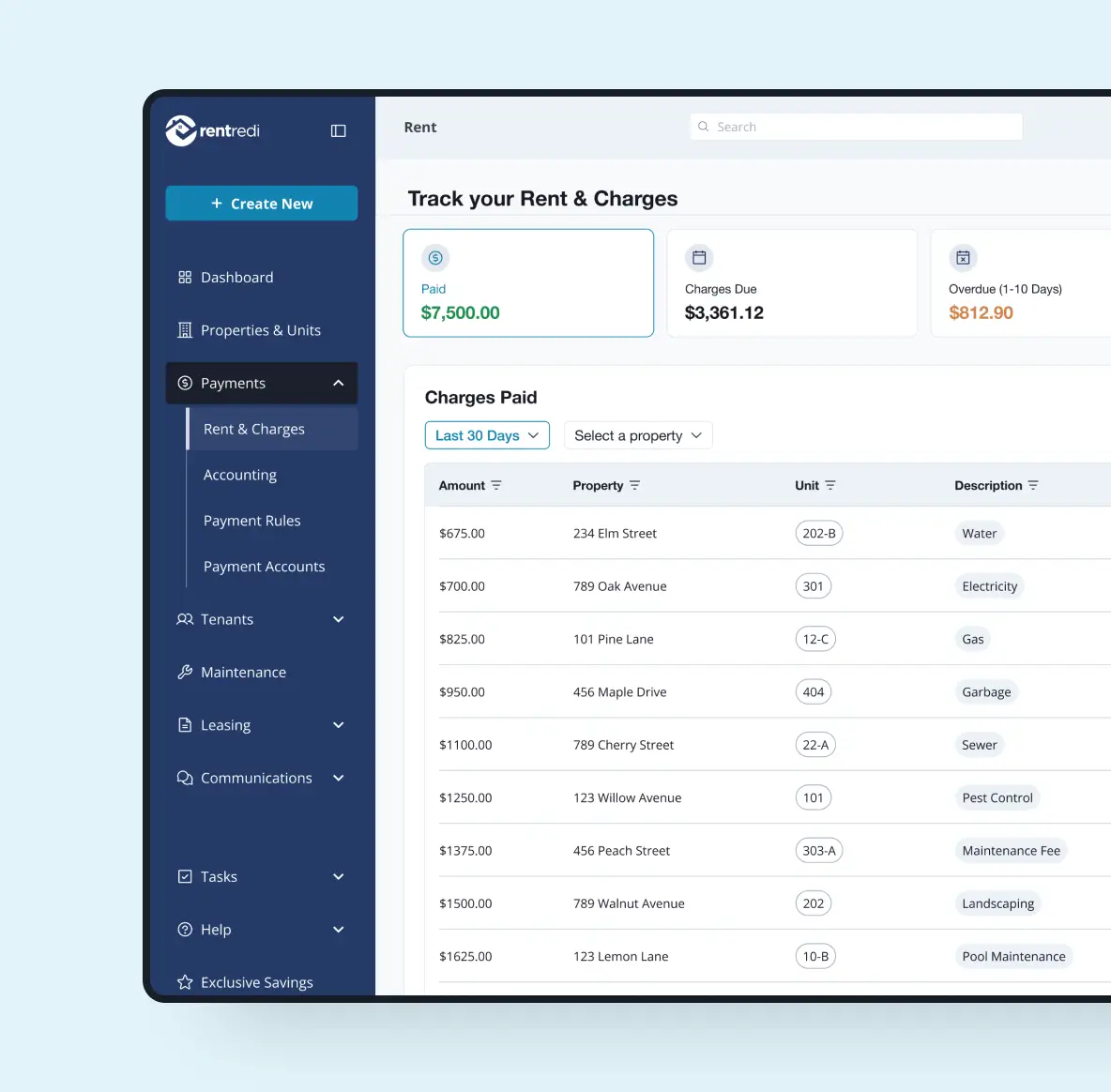 Rent payment app for landlords showing a dashboard with detailed rent and charges paid by tenants, including property addresses and due dates.