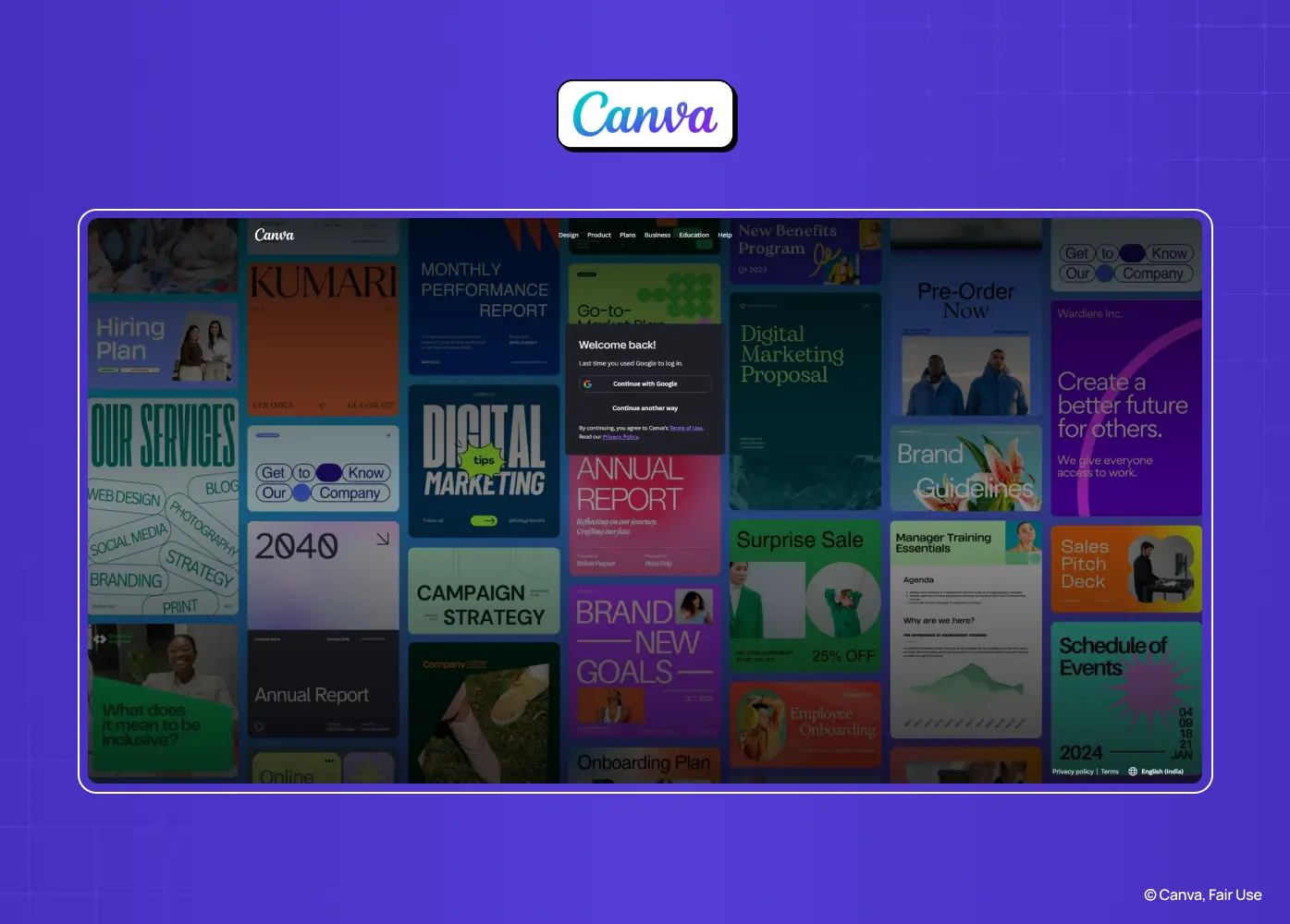 Canva login modal displayed over design templates, providing multiple authentication methods while keeping creative work visible.