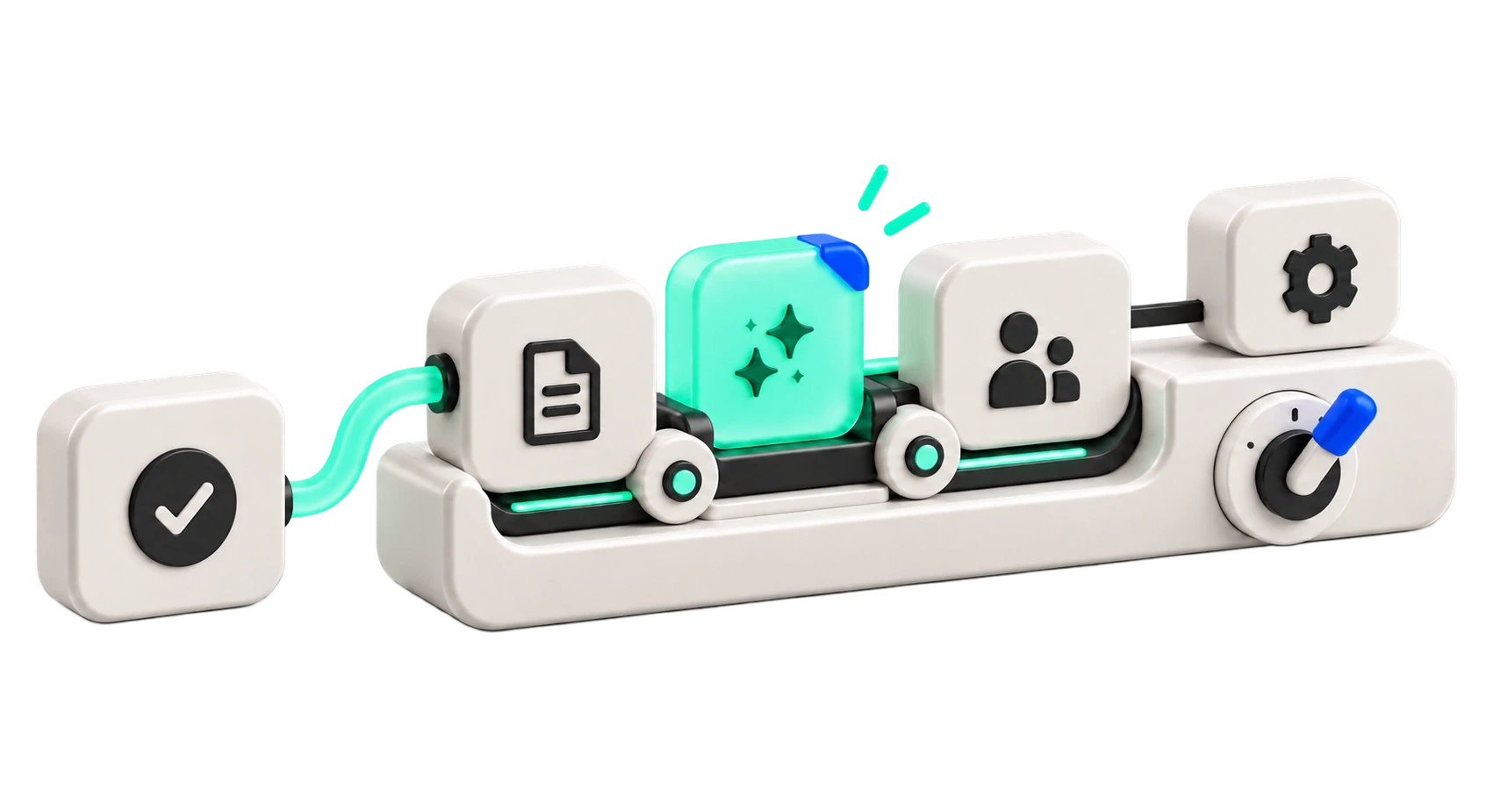 The same workflow tile sits within a clear mechanism for rules, connections and review.