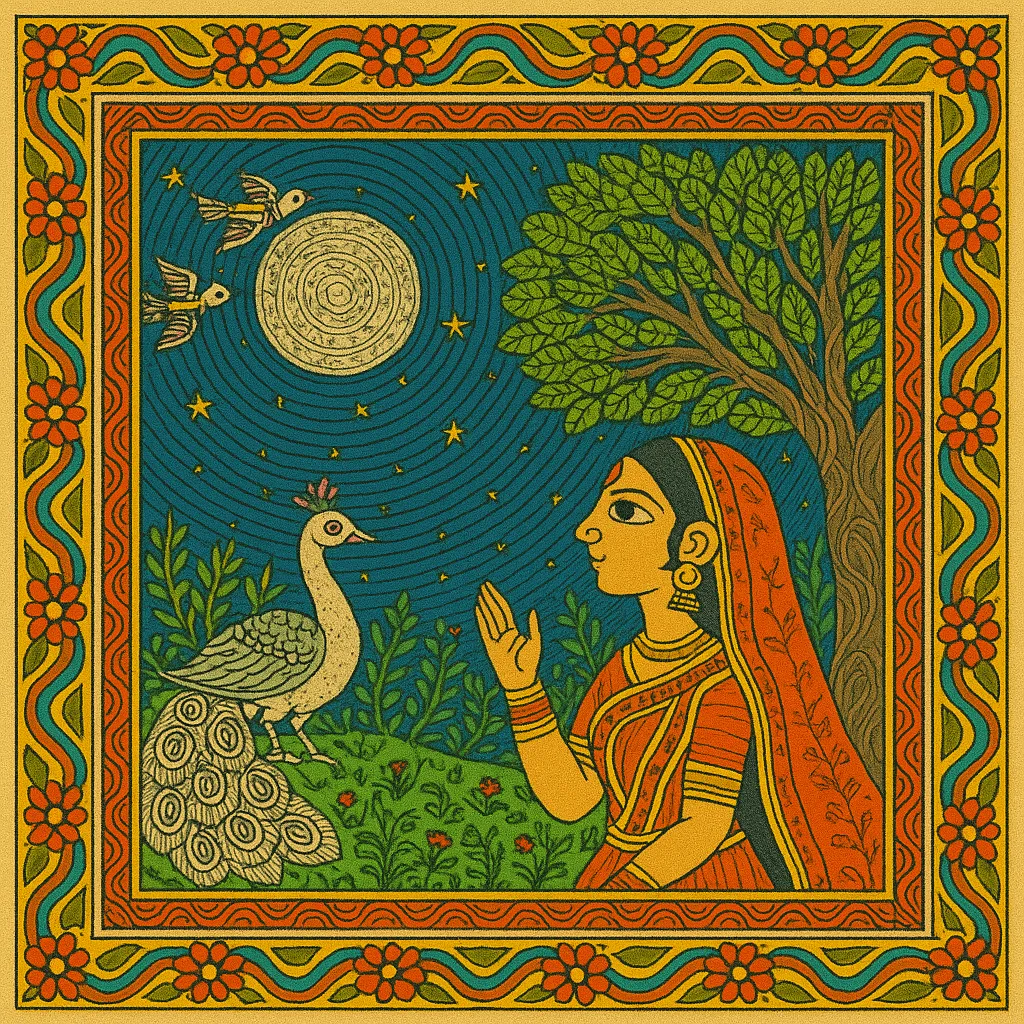 Poornima night, moonlit sky, a woman looking at the moon, mithila motifs