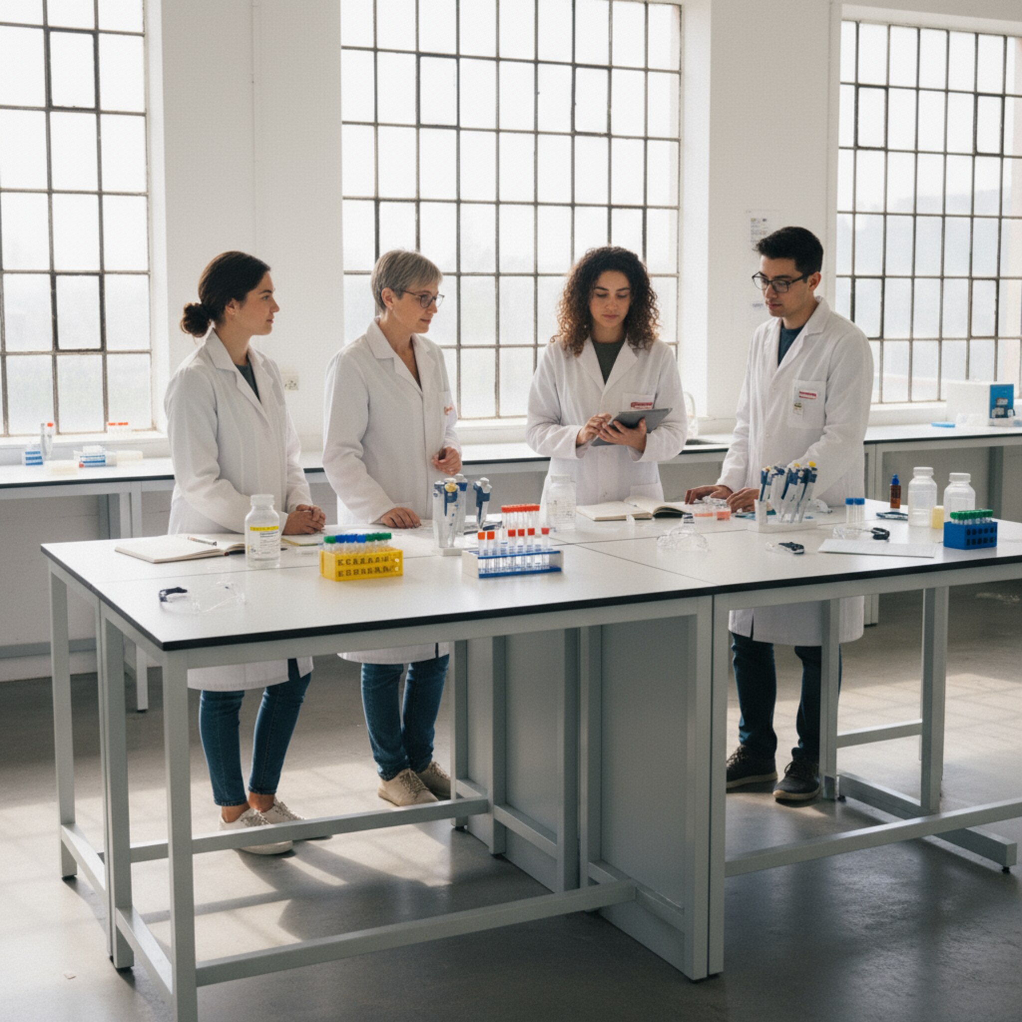 Eine Gruppe Studierender steht in weißen Kitteln an einer langen Bench. Eine Tutorin zeigt mit ruhiger Geste auf ein Rack mit Proben, während Pipetten bereitliegen. Sonnenlicht fällt durch große Fenster, Beschriftungen an den Stationen sind klar erkennbar. Die Szene wirkt konzentriert, strukturiert und sicher.