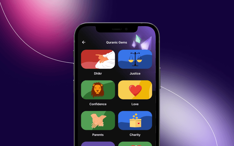 Quranly mobile app interface showcasing a selection of Quranic Gems to explore insightful stories and teachings on various virtues.