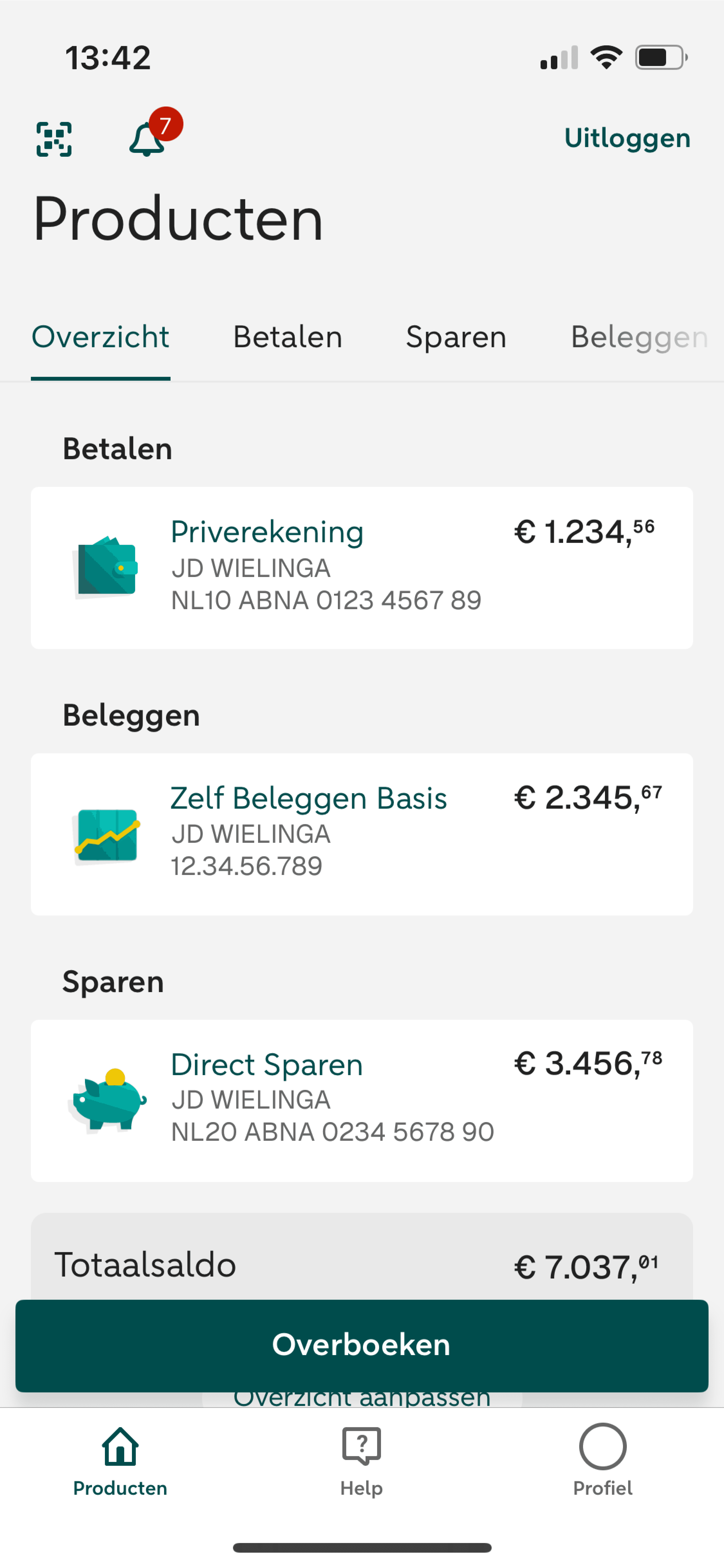 Screenshot from the ABN-AMRO app that displays the product overview