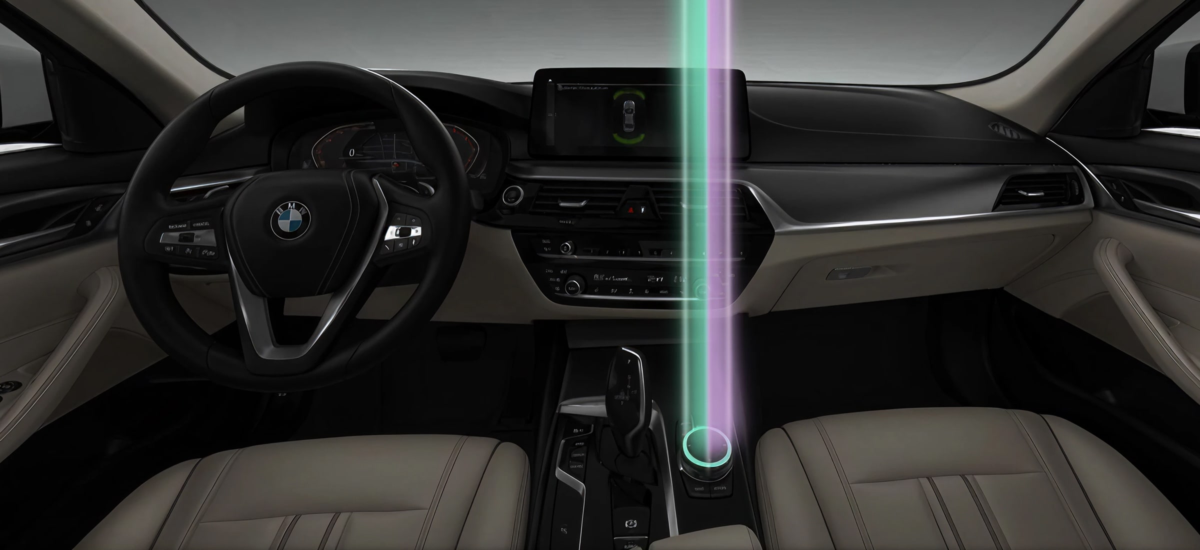 BMW interior at night with a vertical beam of turquoise and pink light projected from the centre console to the roof