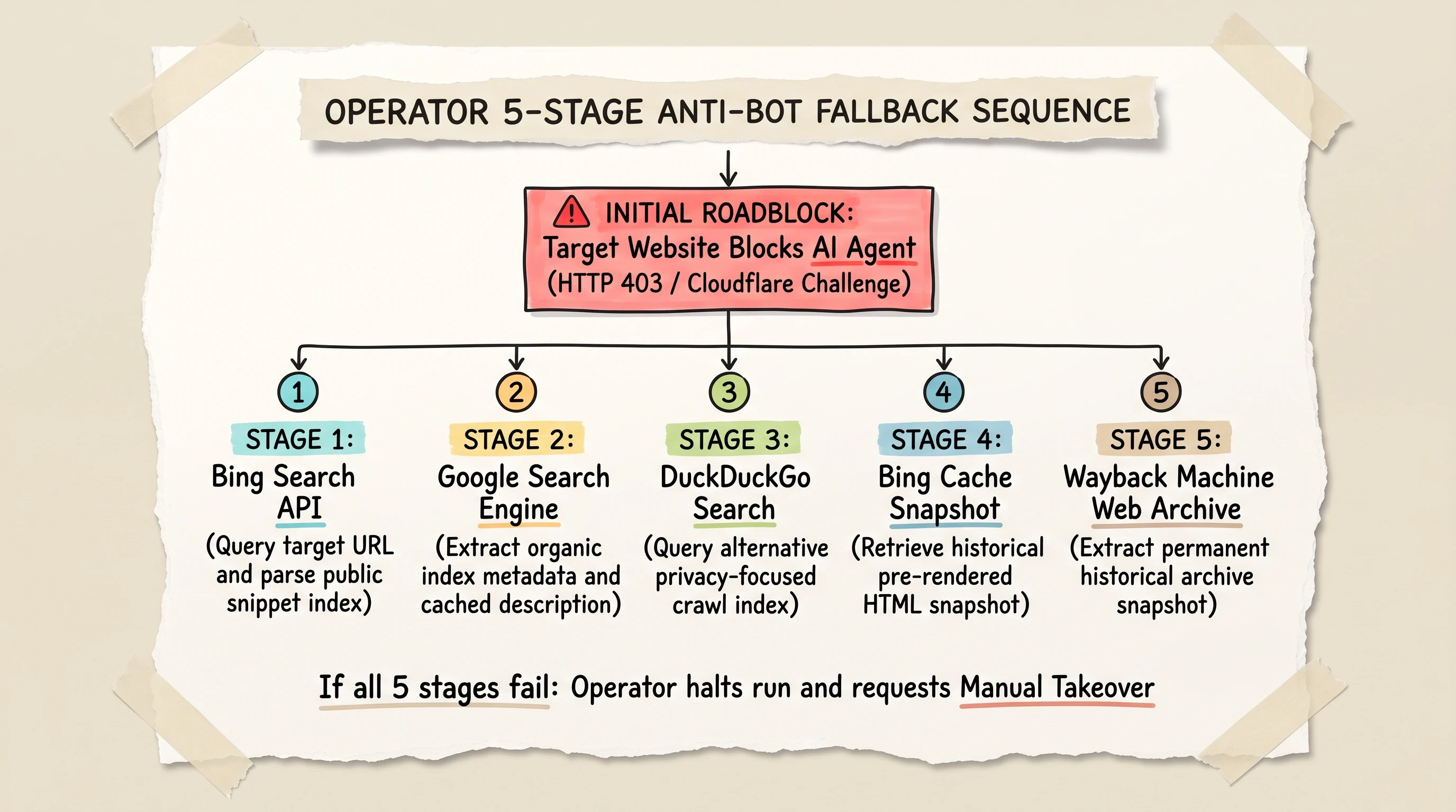 Diagnostic scrapbook diagram mapping Operator automated 5 stage fallback sequence when blocked by website anti bot systems