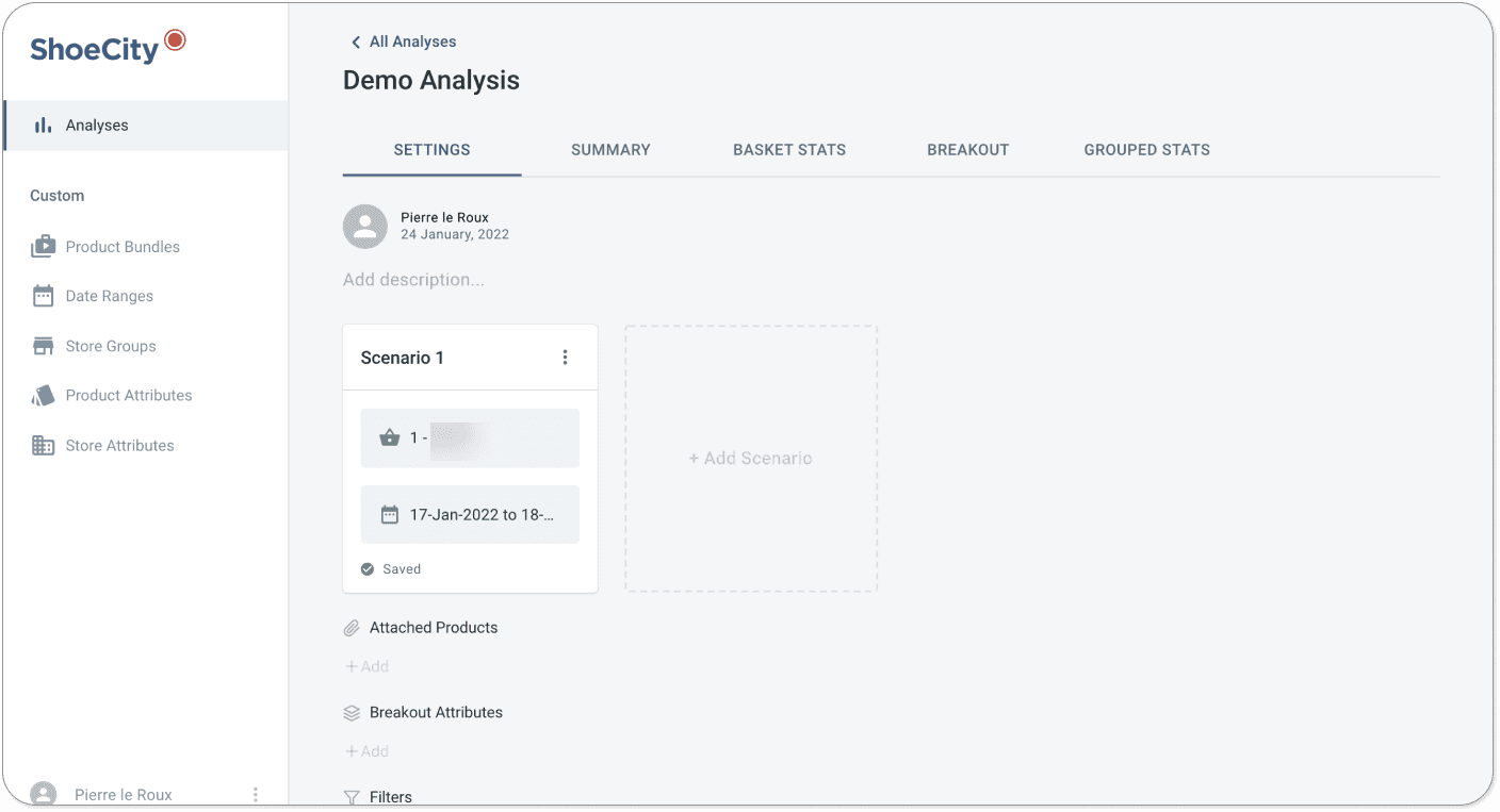 The Basket Analysis Decision Application also provides a user-friendly way to set up and store the settings of an analysis, where the users can create multiple scenarios (basket, time and location combinations) and configure it for their analysis.