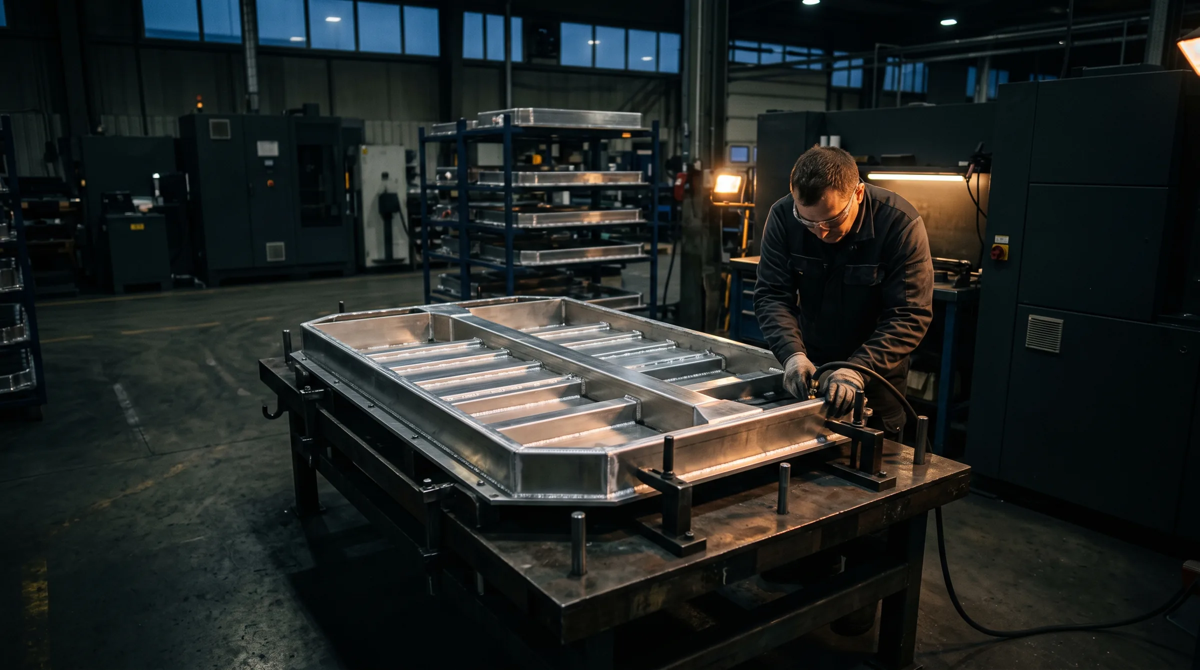 A technician works on a welded aluminium battery tray
