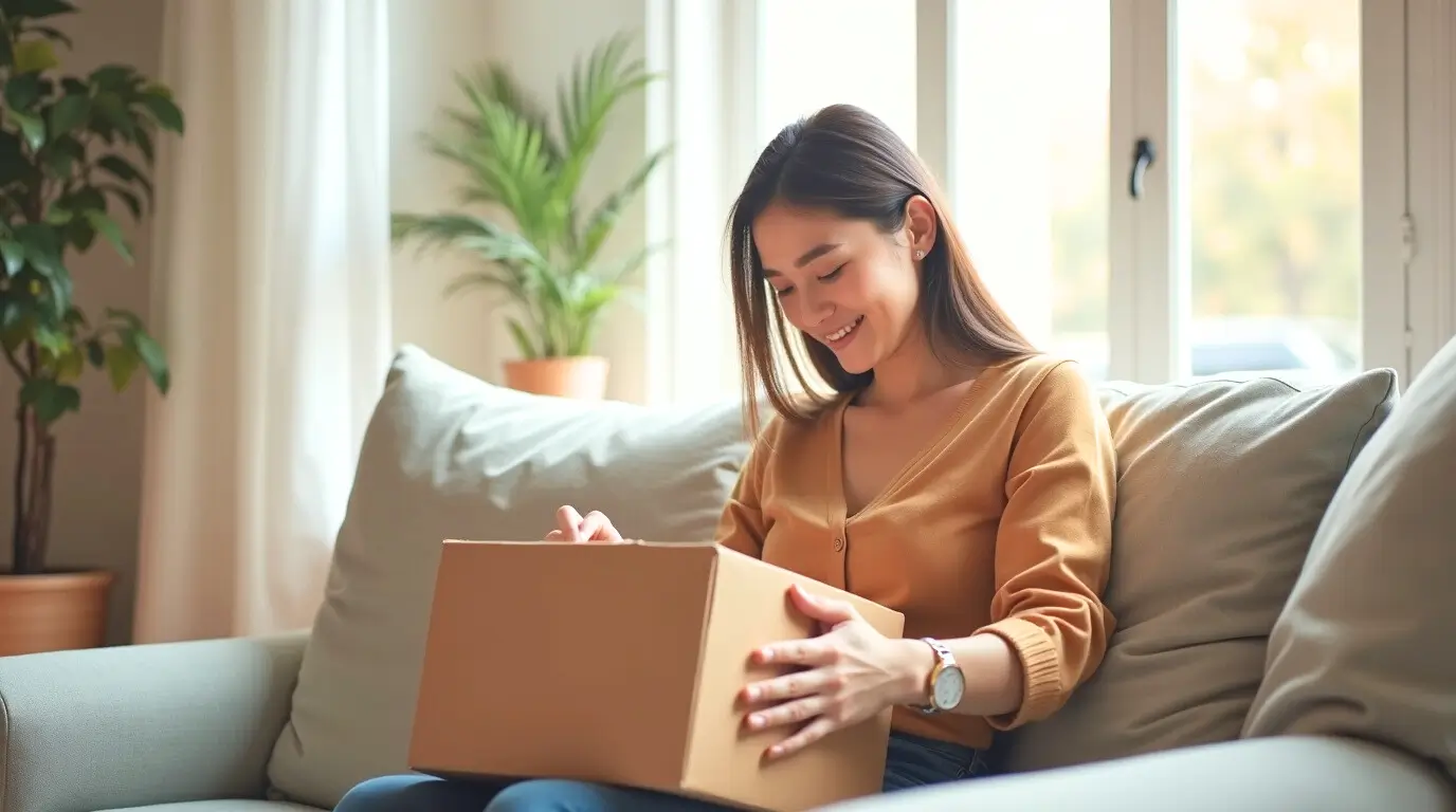 A minimalist young woman sitting on a cozy sofa, smiling as she opens a cardboard package—capturing the joy of thoughtful, clutter-free shopping aligned with her values.