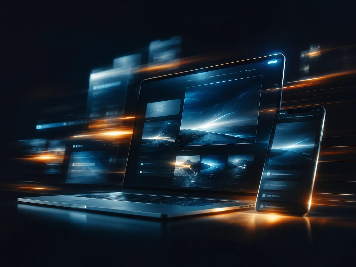 Futuristic digital presence concept with premium website design, glowing UI screens, and blue orange motion lights for Lumis agency