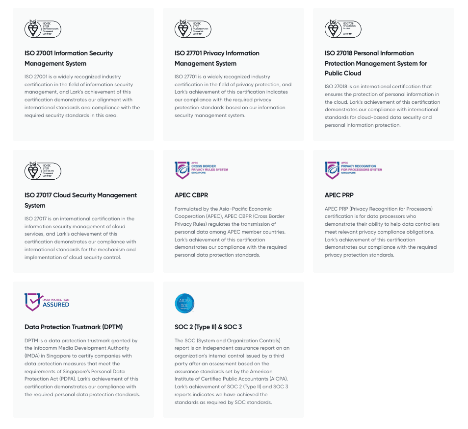 lark is soc2 and soc3 compliant and Lark's data is hosted on AWS