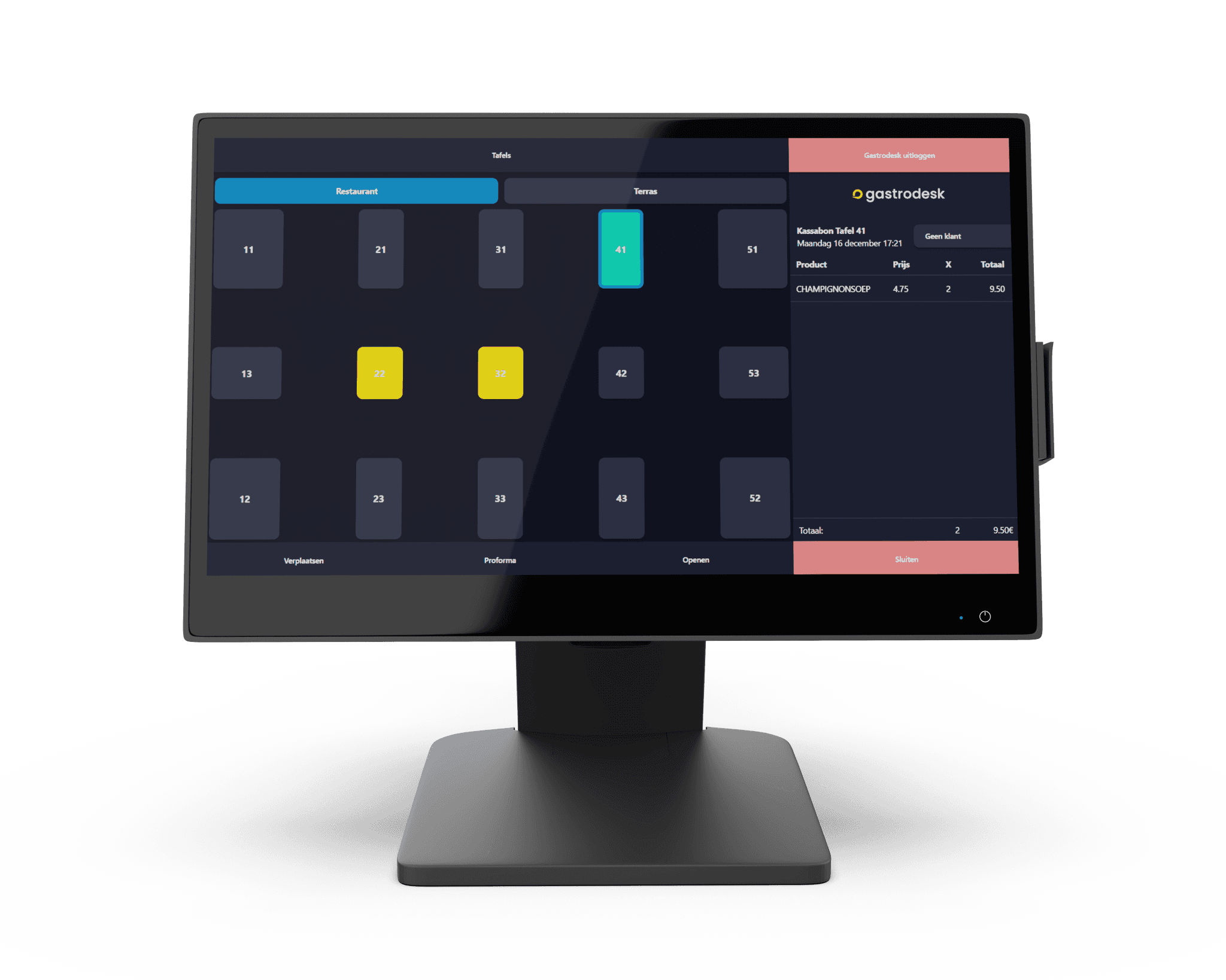 Tafelbeheersysteem met visuele plattegrond: realtime overzicht, tafels samenvoegen, splitsbetalingen en proforma facturen beheren.
