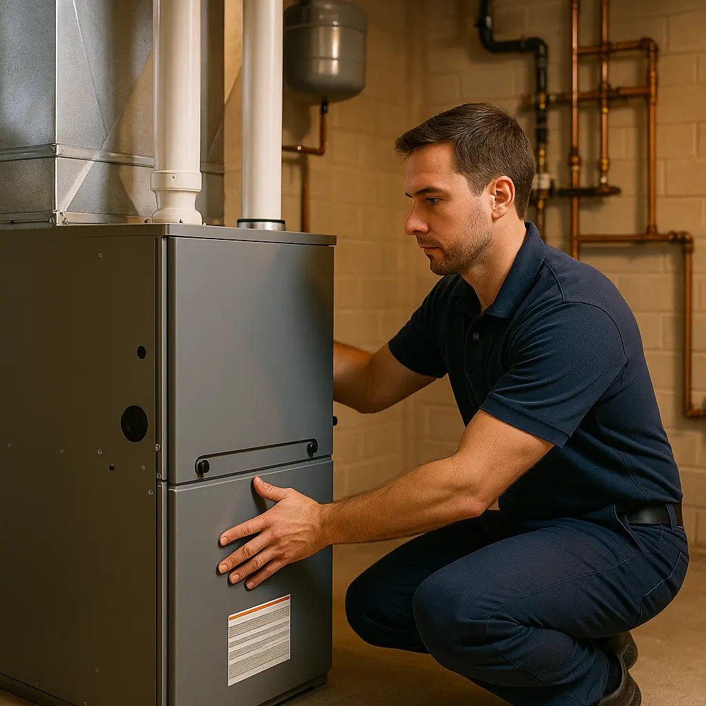 Technician performing maintenance on a modern furnace in a residential setting, emphasizing professional furnace installation and replacement services.