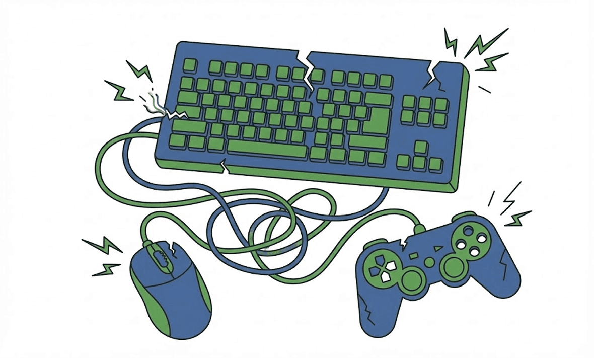 Tangled keyboard, mouse, and controller illustration symbolizing broken or frustrating controls, representing Premiere Pro panels unselecting unexpectedly.