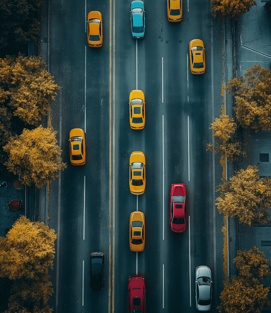 Aerial view of a busy street with yellow taxis and red cars among trees with autumn foliage.