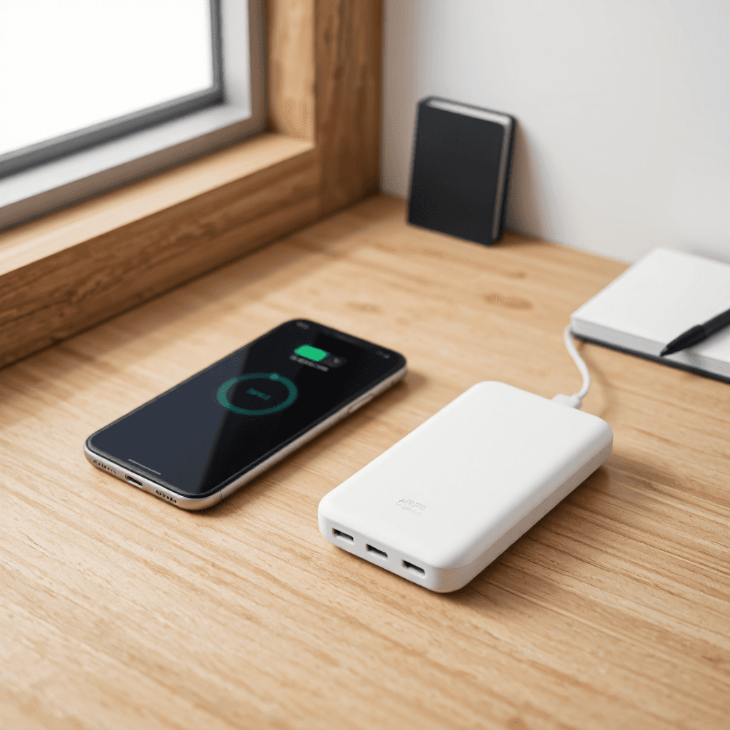 product photography of a portable power bank and a smartphone