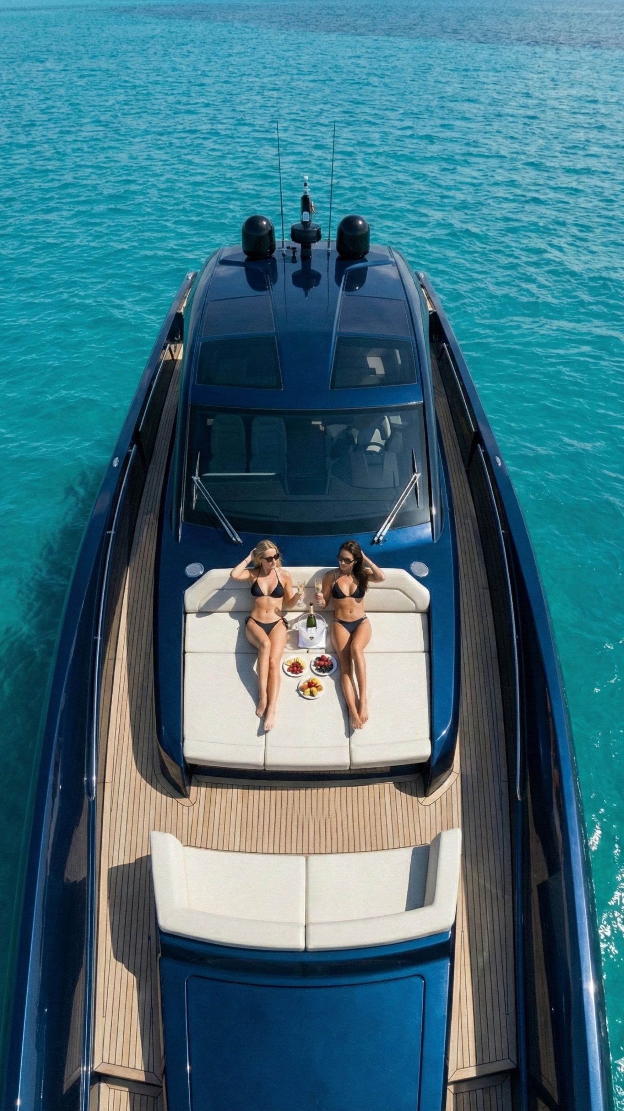 Luxury yacht protected with marine paint protection film cruising in clear blue water