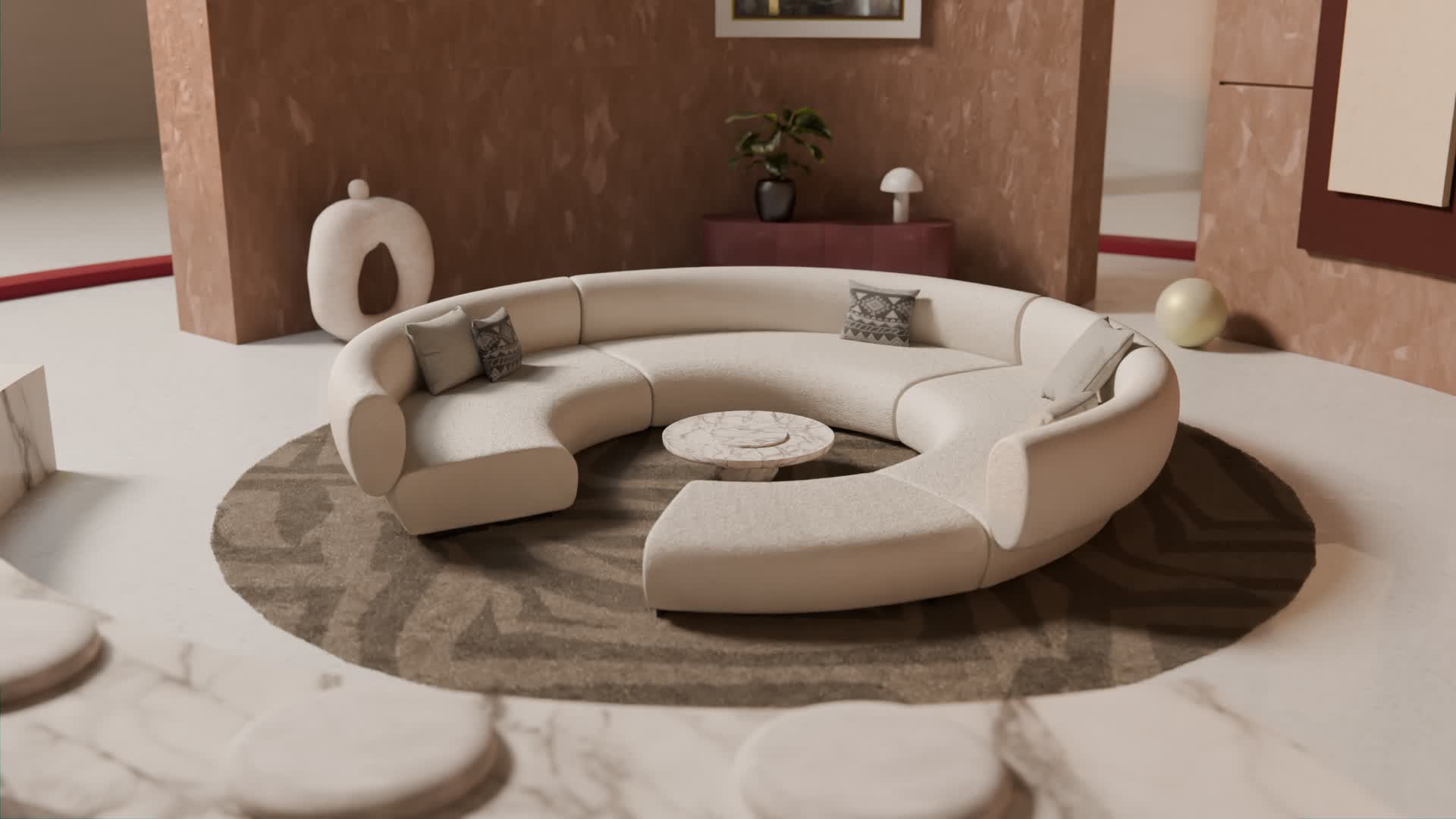 white circular couch on a round set up living room with day light