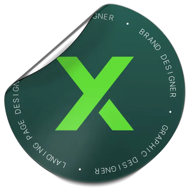 Circular sticker with a large green "X" logo and text around the edge on a dark green background.