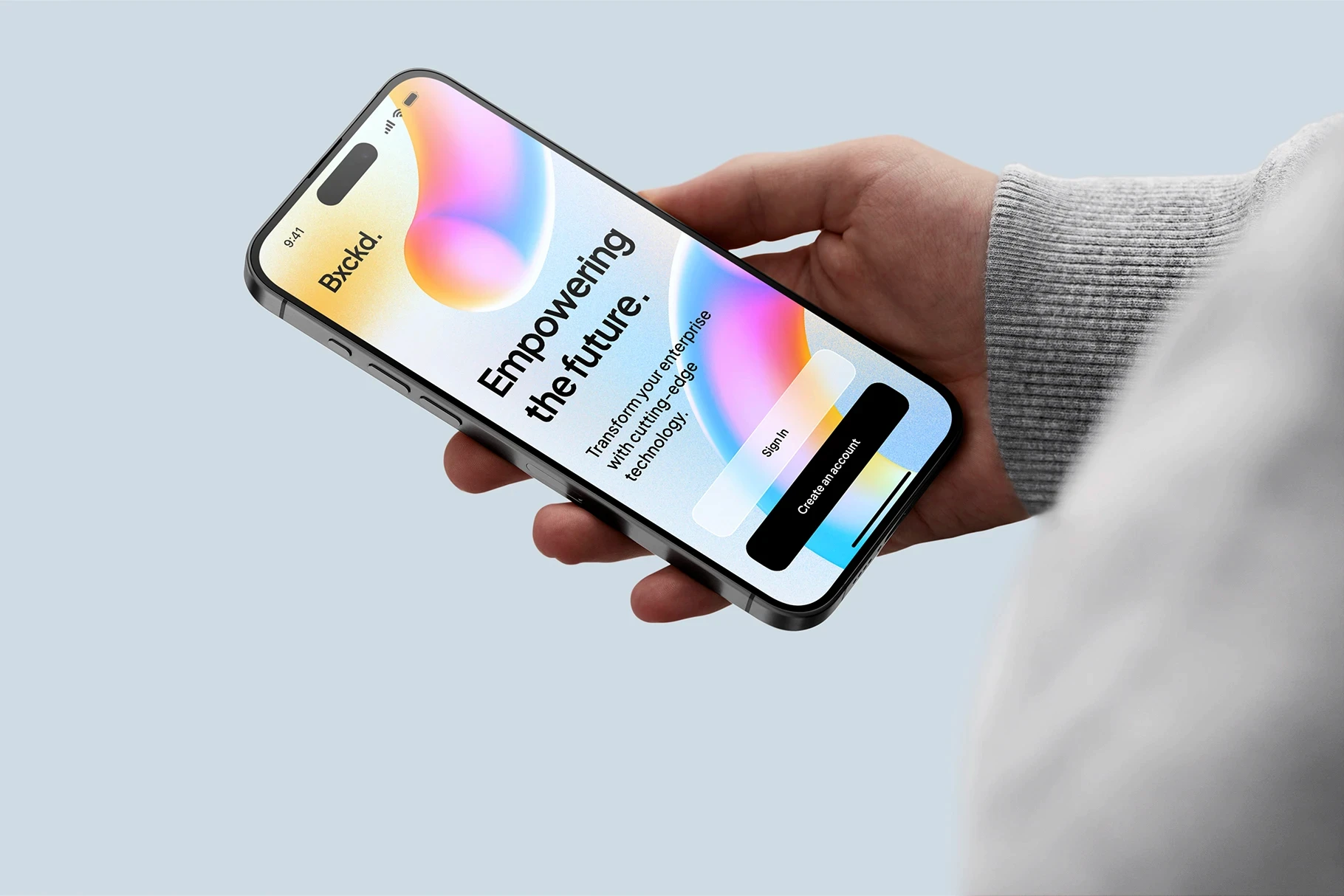 Mobile app screen mockup on an iPhone 15 Pro held against a light grey background.