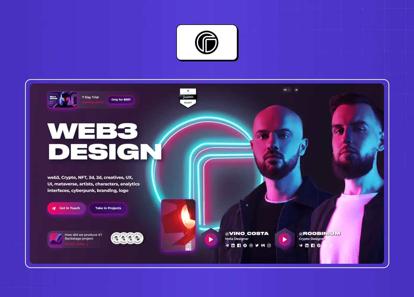 Vibrant Web3 agency homepage featuring neon visuals, team portraits, and messaging around crypto, NFT, and metaverse design services.