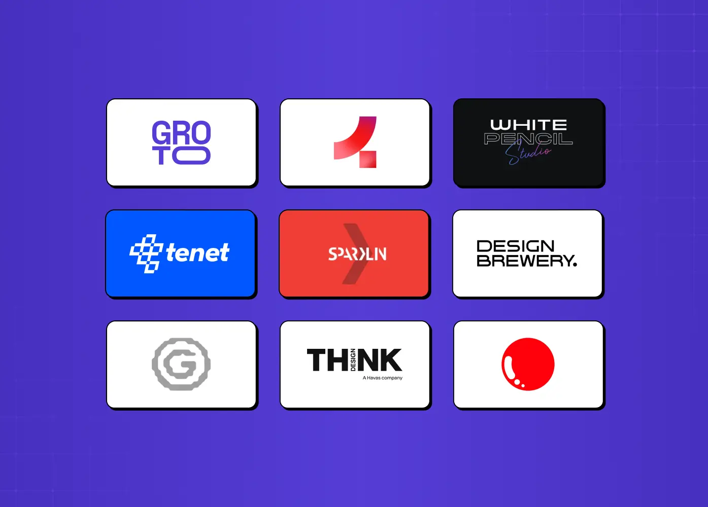 Purple panel introducing the comparison table, showing the nine agency logos in a three-by-three grid: Groto, Onething Design, White Pencil Studio, Tenet, Sparklin, Design Brewery, Grappus, Think Design and Kormoan.