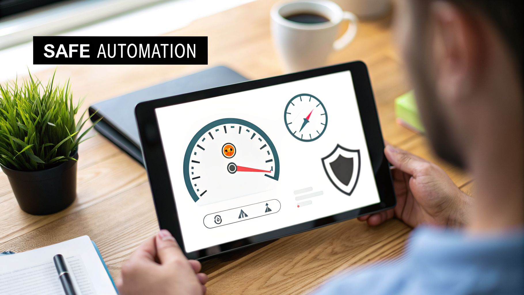 A person views a tablet displaying a safe automation dashboard with performance gauges and a shield.