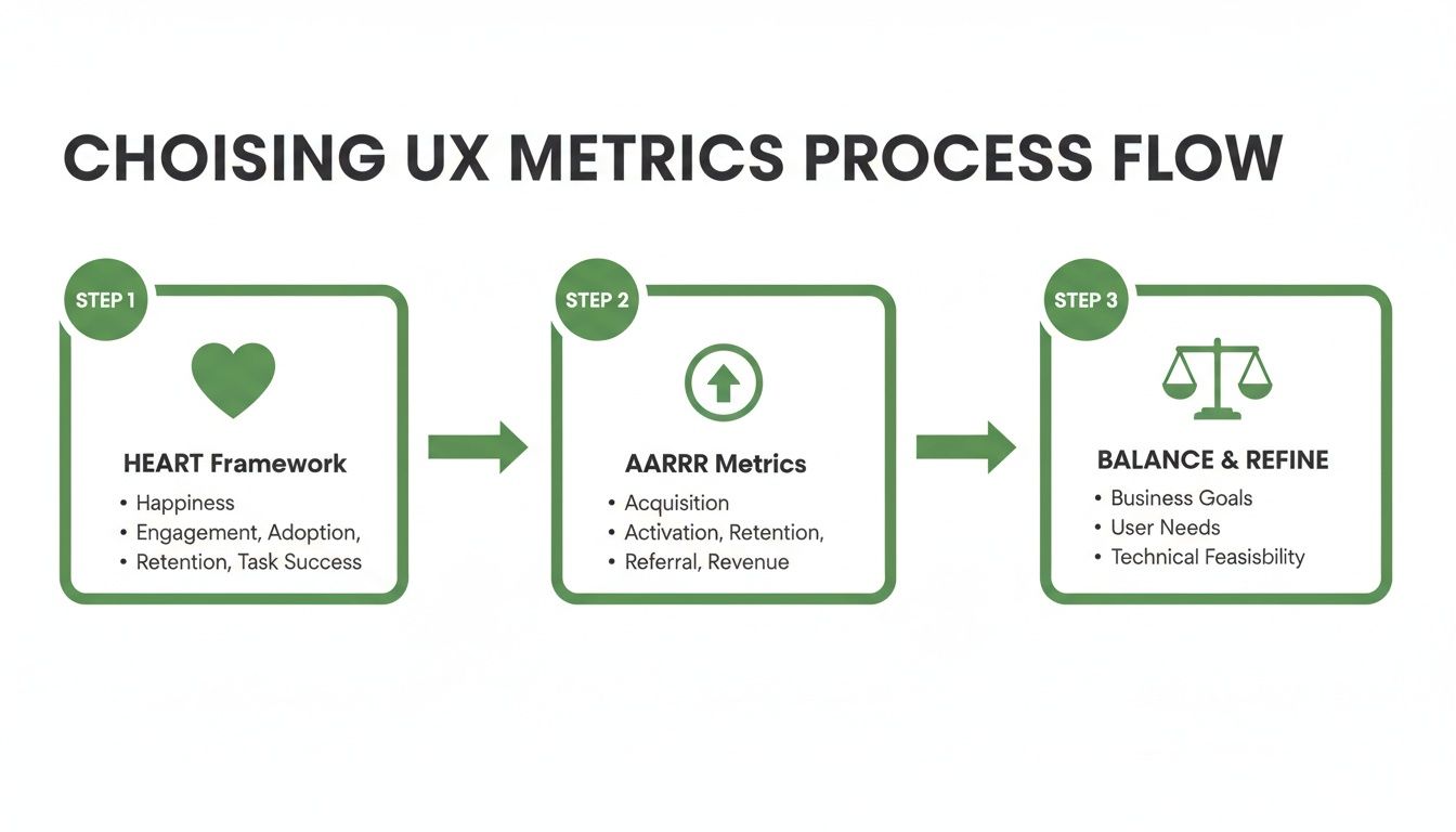 Flowchart detailing the three-step process for choosing UX metrics, including HEART, AARRR, and balancing factors.
