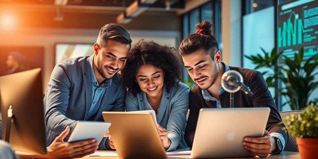 Professionals collaborating in a modern office with technology.