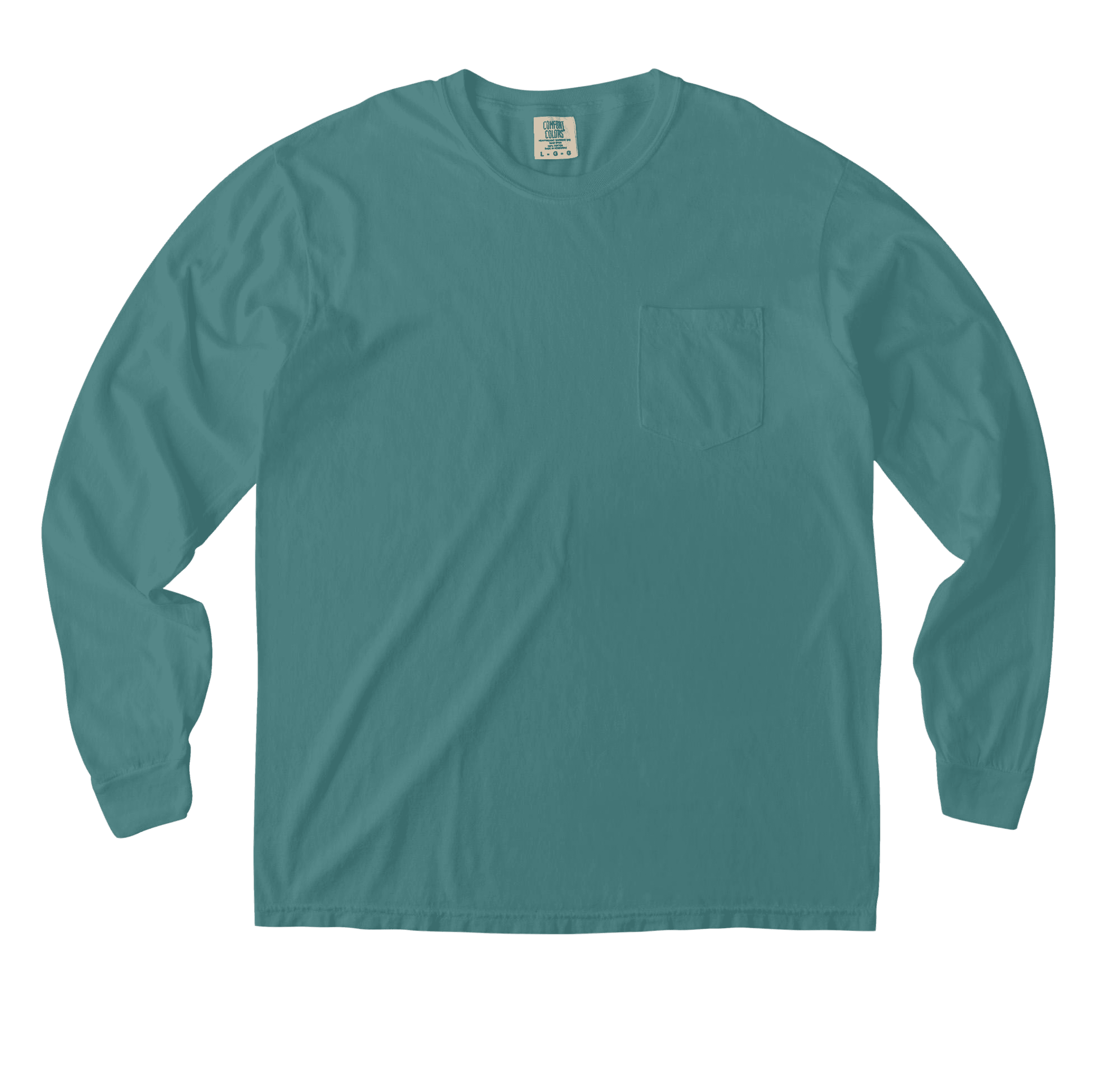 A teal long-sleeve pocket t-shirt from Comfort Colors.