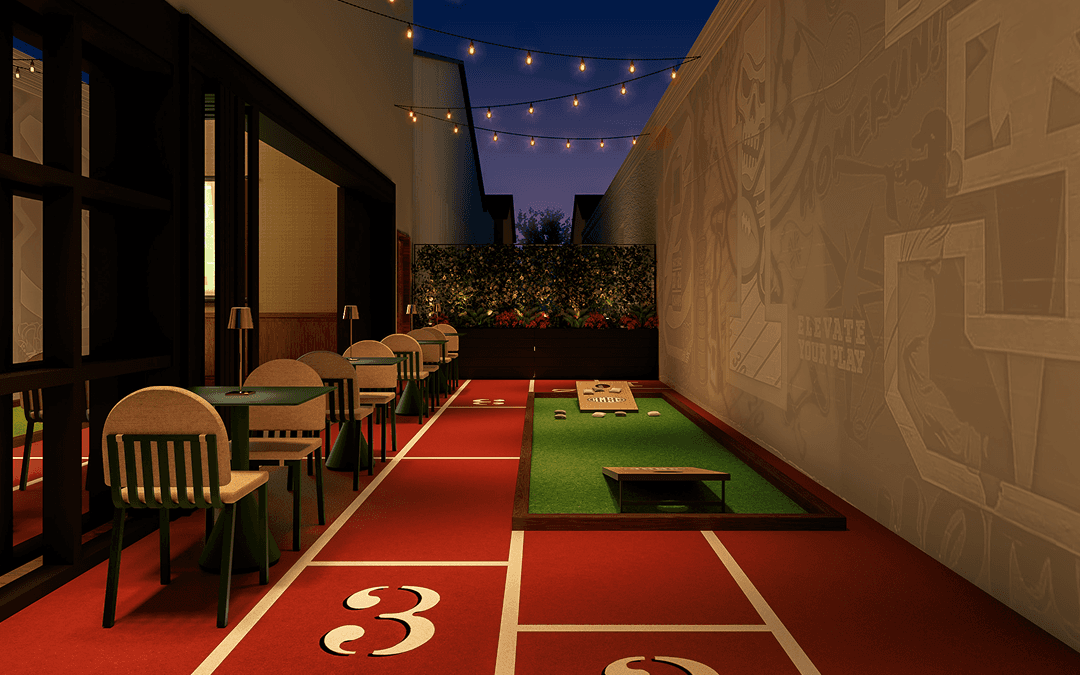 Interior rendering of Boogie Heights featuring a vintage disco nightclub aesthetic with red bowling lane flooring, numbered lanes, pool table, wooden chairs, and neon-lit architectural details