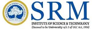 The image features the SRM Institute of Science and Technology logo, prominently displaying a blue and gold emblem with a tree, accompanied by bold blue letters, conveying themes of education and technology in the context of UG/PG Online Degree Programs.
