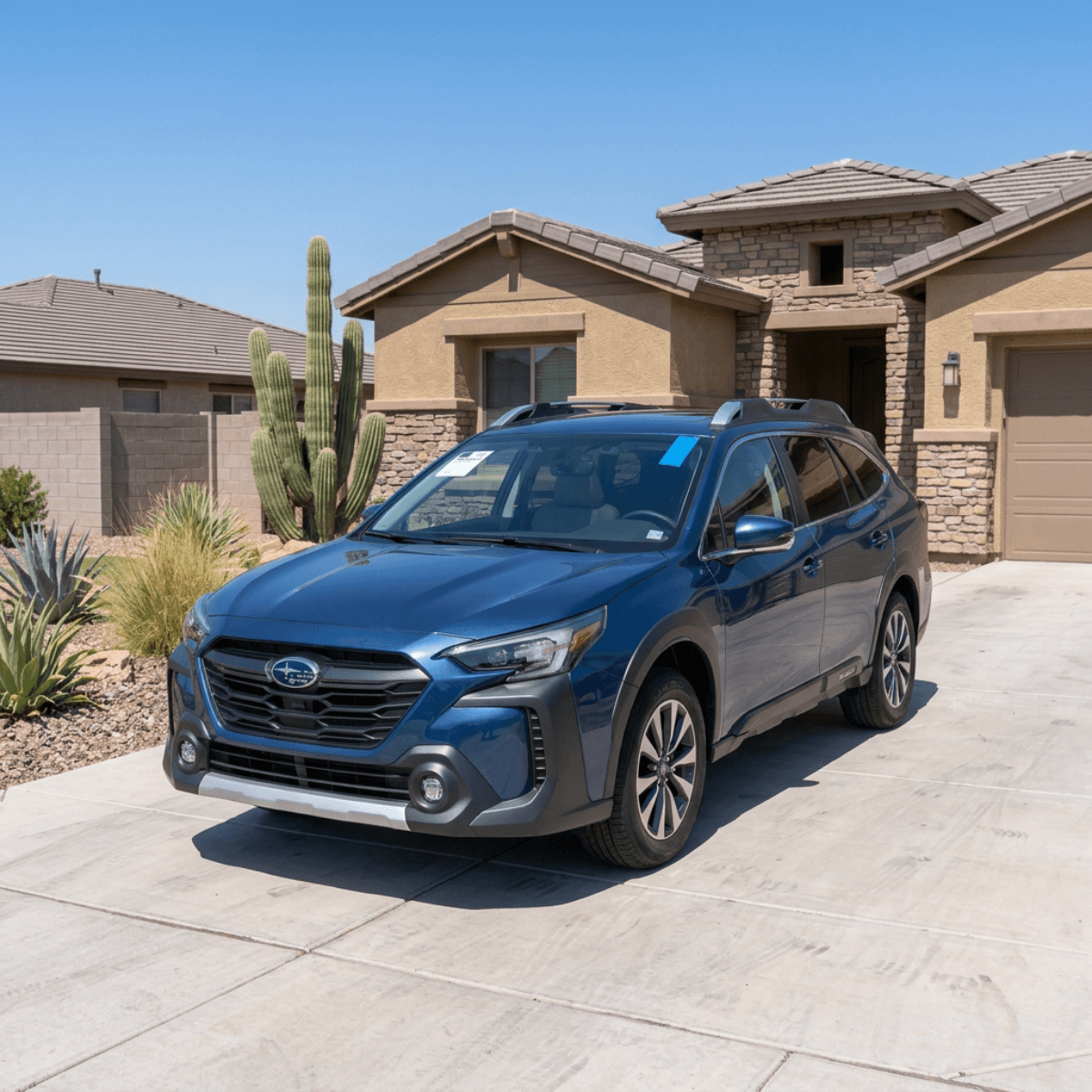 Windshield replacement completed on a blue Subaru Outback at a home in Yuma, Arizona