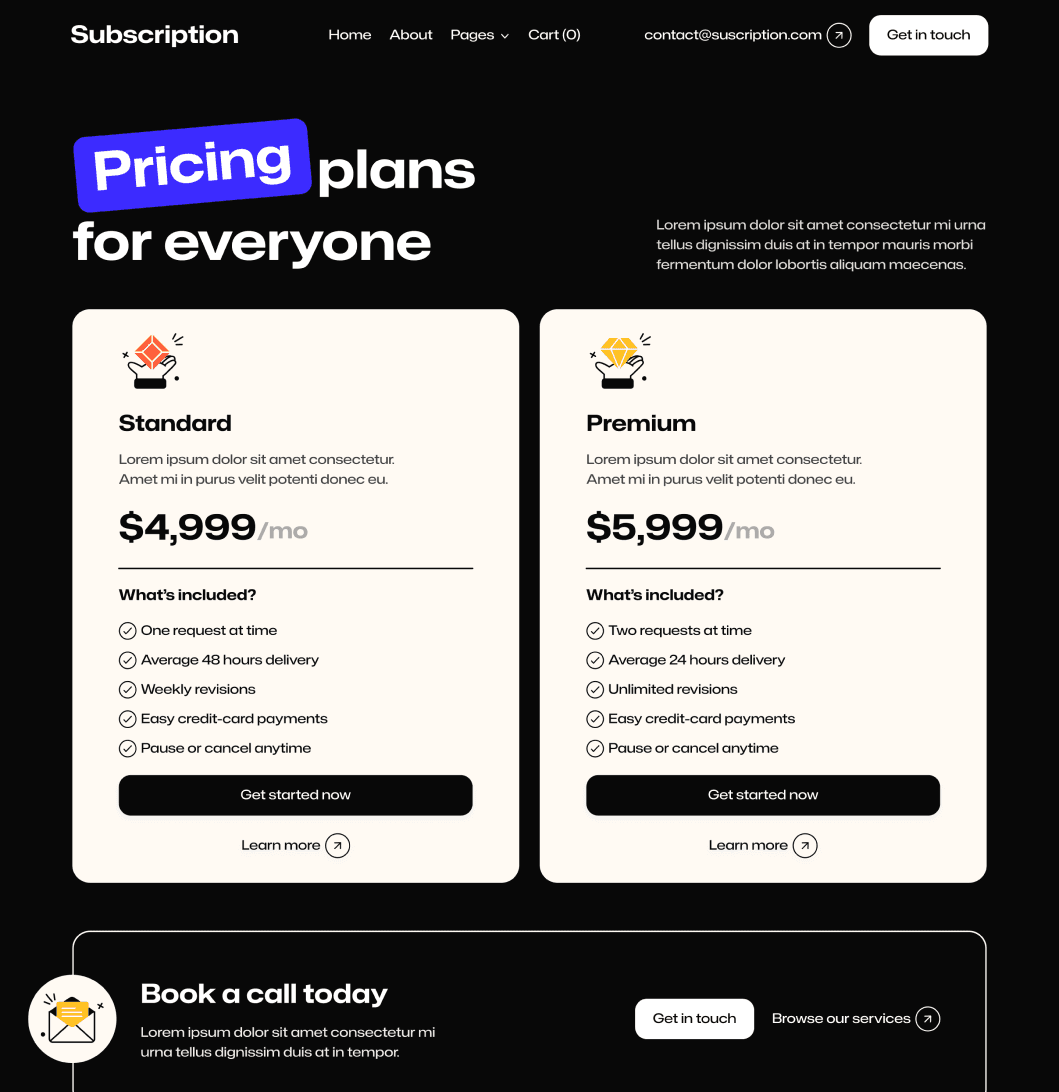 Subscription X - Pricing V1 Page - Design Subscription Agency Framer Template
