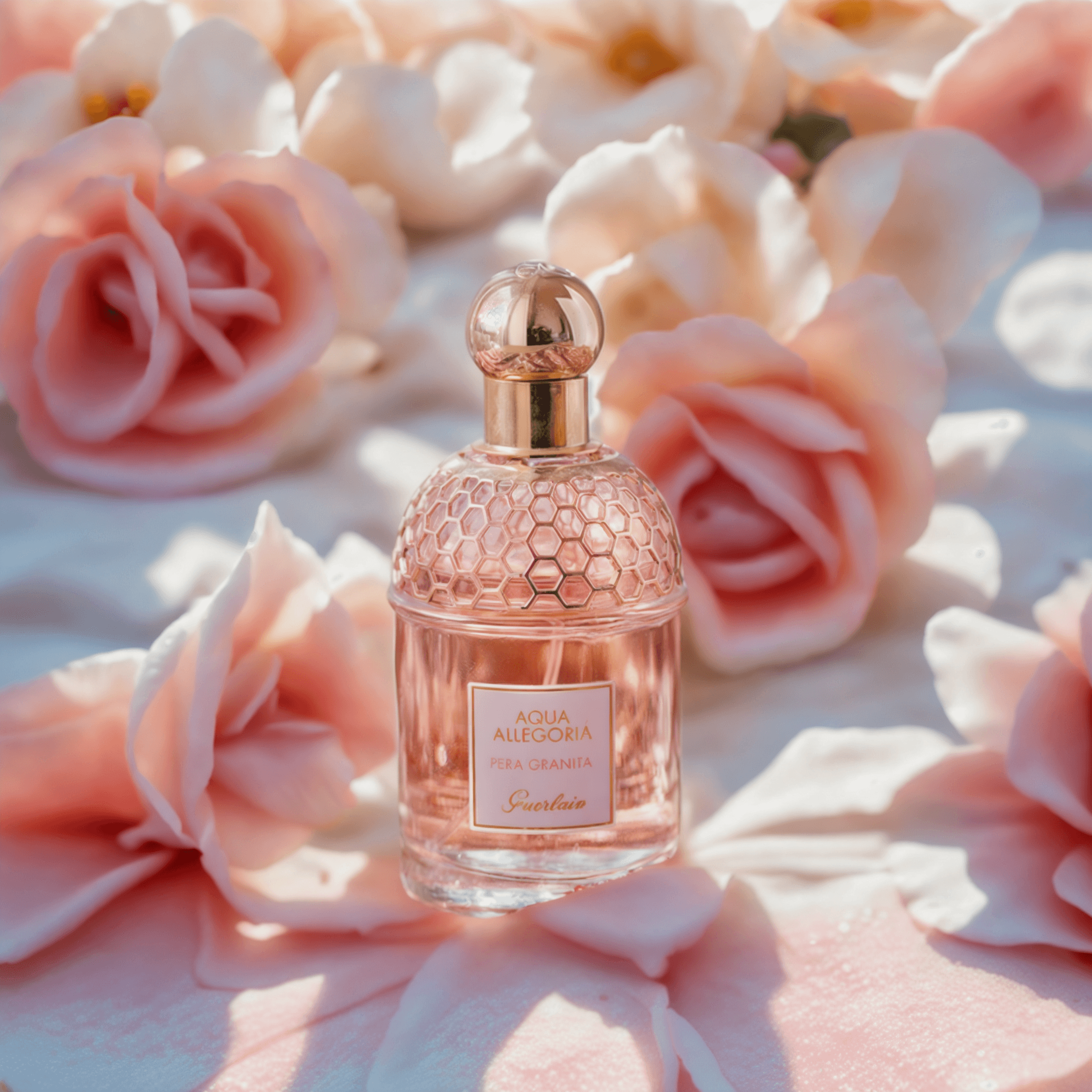 Bottle of perfume over a table full of roses. Image generated by AI using Fuzer