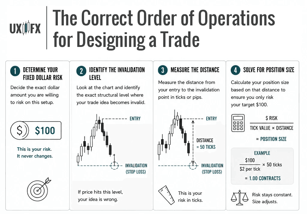 Educational infographic explaining the correct order of operations for managing trade risk. The top section presents a four-step process: first define a fixed dollar amount to risk, then identify the chart level that invalidates the trade idea, measure the distance between entry and that invalidation level, and finally calculate the appropriate position size.