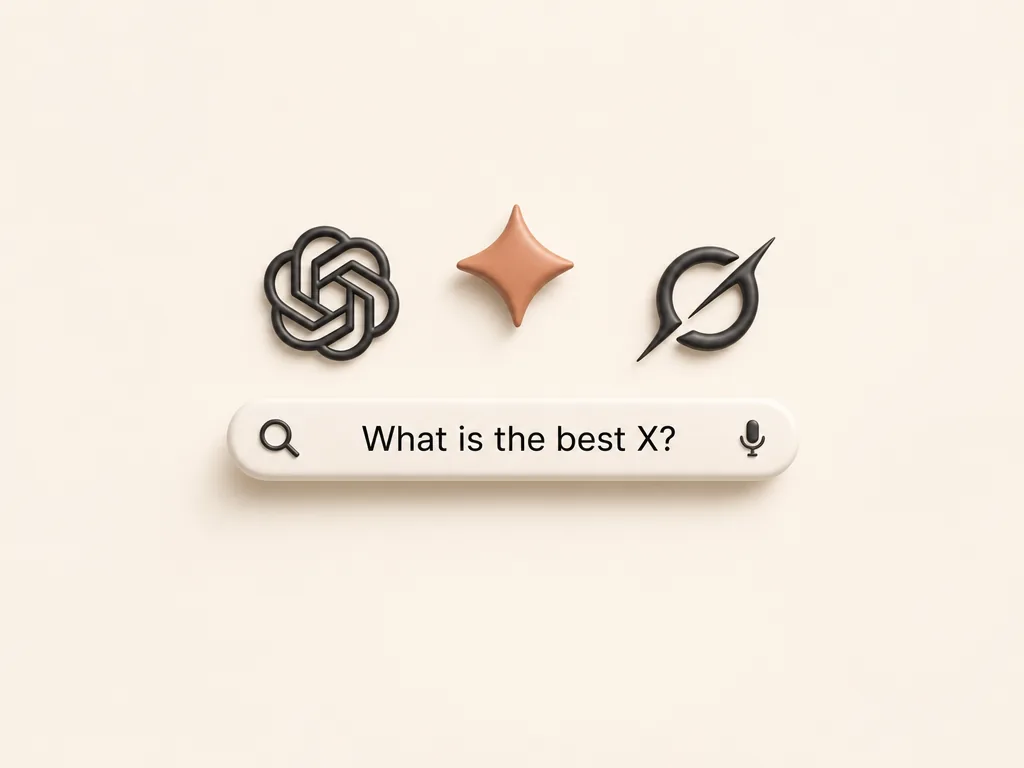 Minimal 3D search bar asking what is the best X with AI engine marks above