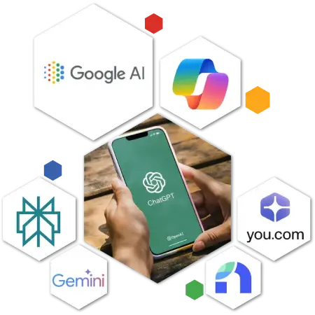 Logos of several AI tools, including Google AI, Gemini, ChatGPT, Perplexity, and Claude AI, arranged in a hexagon layout.