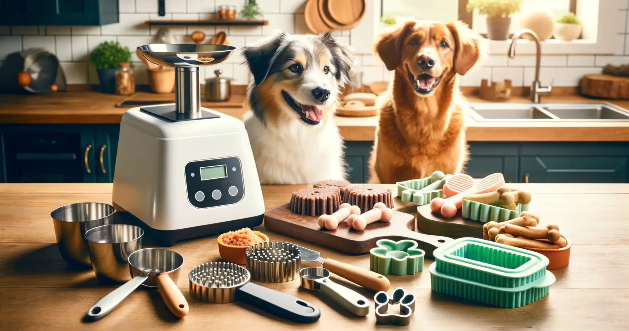 Two dogs happily sit beside a kitchen scale with various dog treats and baking molds on a wooden countertop.