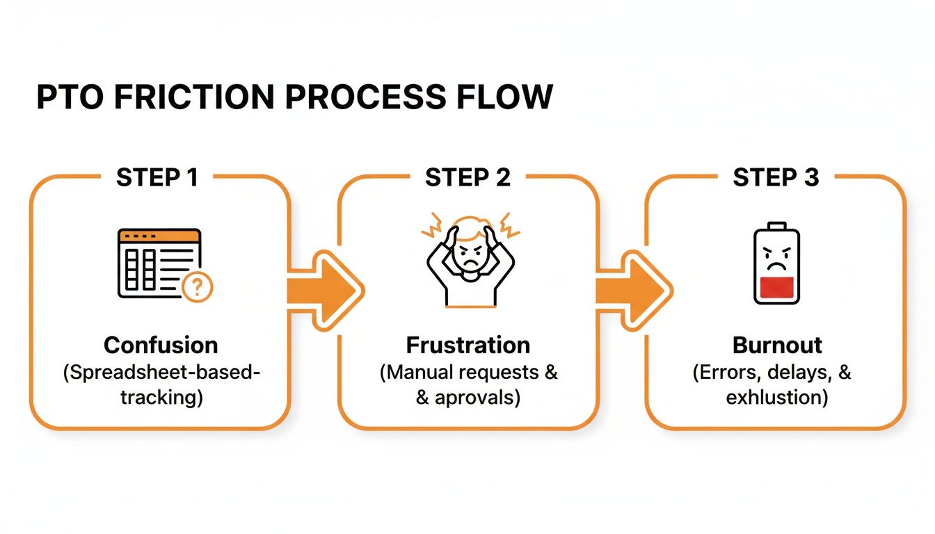 A three-step PTO friction process flow diagram showing confusion, frustration, and burnout from manual tracking.